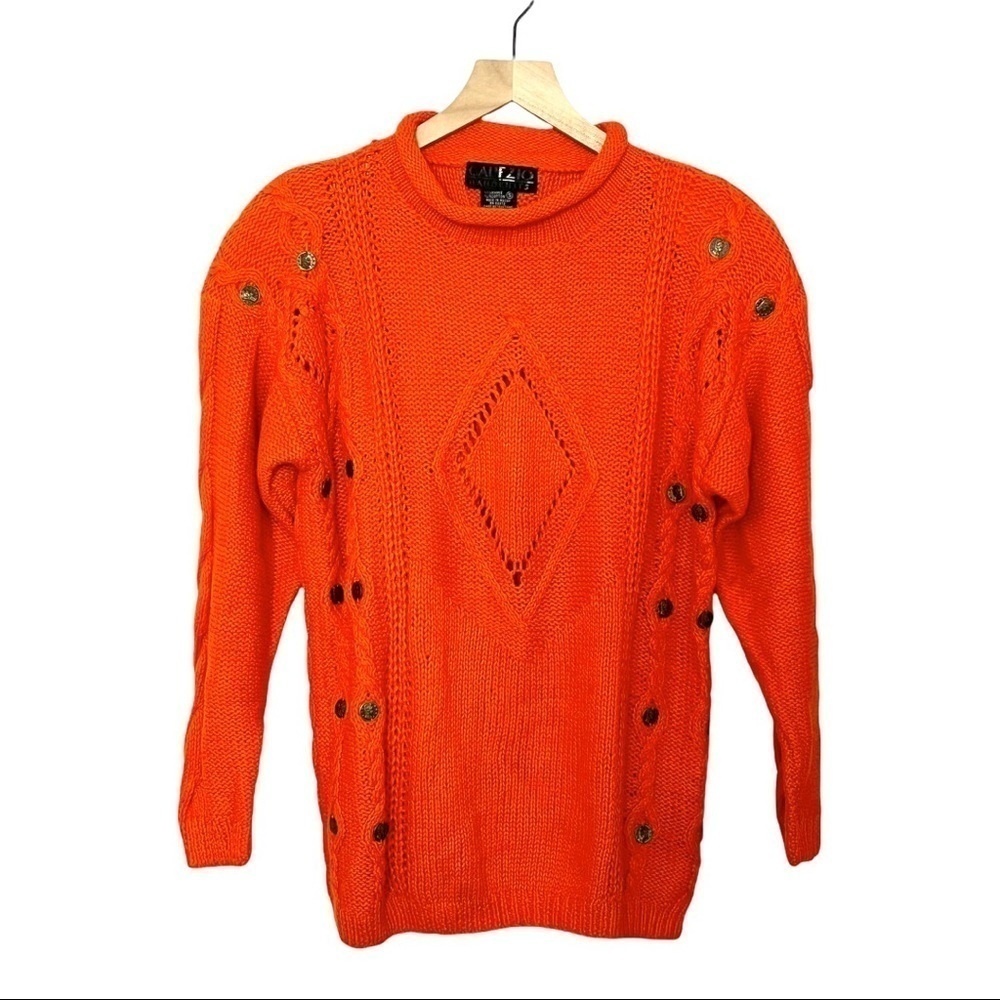 VINTAGE 80s Chunky Cable 3D Knit Sweater‎ Embellished Oversized Mockneck Tunic S